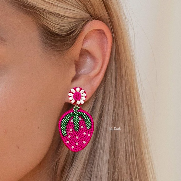 Strawberry Earring, Beaded Fruit Statement Earring, Lily Posh - Picture 2 of 2